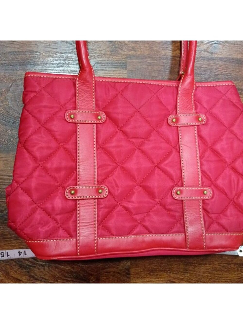 J. Crew Quilted Red Nylon Tote Bag With Leather Trim - Picture 3 of 10